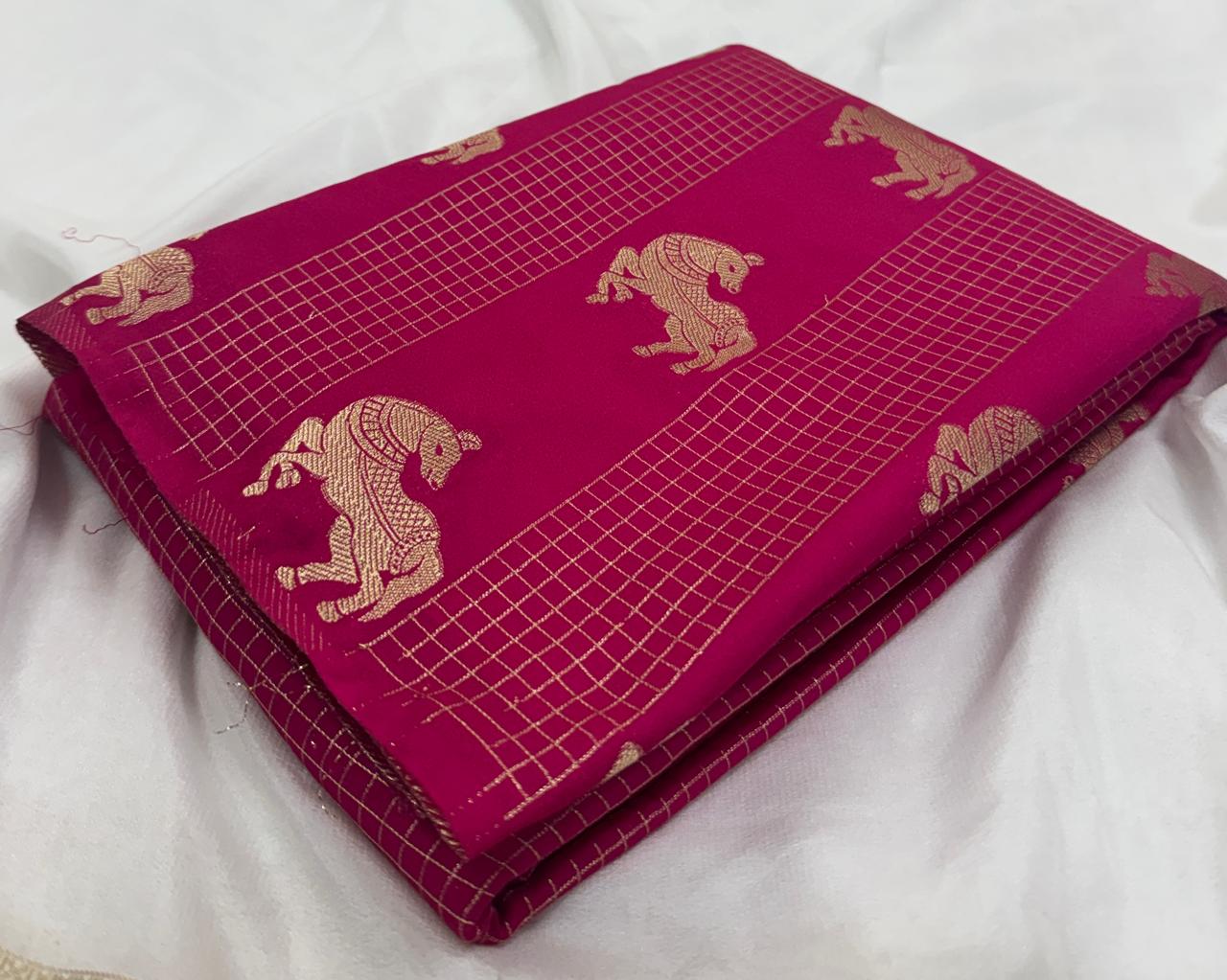 Pure Crepe Checks Saree with Satin Border & Deer Weaving Design Silk Saree